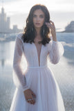 A-Line Glitter Tulle Wedding Dress Long Puffy Sleeves Bridal Gown