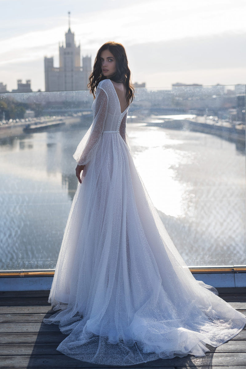 A-Line Glitter Tulle Wedding Dress Long Puffy Sleeves Bridal Gown Agustaprom A-Line Glitter Tulle Wedding Dress Long Puffy Sleeves Bridal Gown Agustaprom