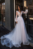 Princess Lace Appliques Wedding Dress Long Puffy Sleeves Bridal Gowns