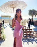 Elegant V-Neck Mermaid Long Homecoming Dress High Slit Prom Dress