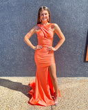 Simple High Slit Mermaid Long Homecoming Dress Sexy Backless Prom Dress