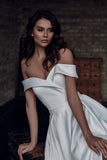 Simple Ivory Satin Wedding Dress Off Shoulder Sweetheart Bridal Gown