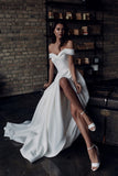 Simple Ivory Satin Wedding Dress Off Shoulder Sweetheart Bridal Gown