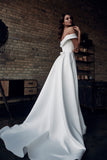 Simple Ivory Satin Wedding Dress Off Shoulder Sweetheart Bridal Gown