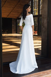 White Satin Wedding Dress With Beading Belt Half Sleeves Bridal Gown