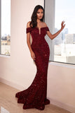 V-Neck Off The Shoulder Long Evening Gowns Sequined Mermaid Prom Dress