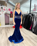 Elegant V-Neck Velvet Mermaid Evening Dress Sexy Backless Prom Dress