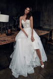 Ivory A Line Lace Bridal Gowns Spaghetti Straps Ruffles Wedding Dress