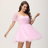 Short Sleeves Tulle Homecoming Dress Sweetheart Mini Prom Dress