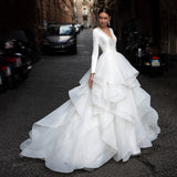Ball Gown V-Neck Long Sleeves Satin Wedding Dress