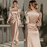 Chic O-Neck Puffy Sleeves Mermaid Satin Prom Dresses