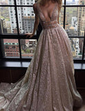 A-Line Deep V-Neck Long Champagne Prom Dress Backless Evening Dress
