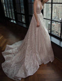 A-Line Deep V-Neck Long Champagne Prom Dress Backless Evening Dress