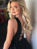 V-Neck Sleeveless Long Black Sequined Open Back Evening Dress