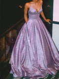 A-Line Lilac Spaghetti Straps Glitter Long Evening Dress with pockets