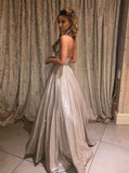 A-Line Lilac Spaghetti Straps Glitter Long Evening Dress with pockets
