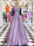 A-Line Lilac Spaghetti Straps Glitter Long Evening Dress with pockets
