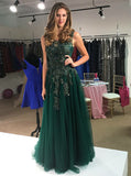 A-Line Round Neck Dark Green Appliques Sequin Long Evening Dress