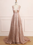 Rose Pink Backless A-Line Sleeveless Sequined Long Evening Dress