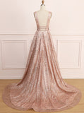 Rose Pink Backless A-Line Sleeveless Sequined Long Evening Dress