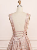 Rose Pink Backless A-Line Sleeveless Sequined Long Evening Dress