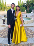 Daffodil Deep V-Neck Long Satin Evening Dress with Belt