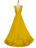 Daffodil Deep V-Neck Long Satin Evening Dress with Belt