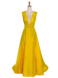 Daffodil Deep V-Neck Long Satin Evening Dress with Belt
