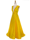 Daffodil Deep V-Neck Long Satin Evening Dress with Belt