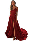 A-Line V-Neck  Dark Green Satin Long Prom Dress with Split