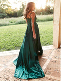 A-Line V-Neck  Dark Green Satin Long Prom Dress with Split