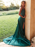 A-Line V-Neck  Dark Green Satin Long Prom Dress with Split