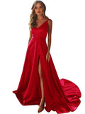 A-Line V-Neck  Dark Green Satin Long Prom Dress with Split