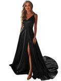 A-Line V-Neck  Dark Green Satin Long Prom Dress with Split