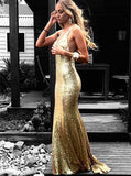 Backless V-Neck Mermaid Gold Sequin Long Evening Dress