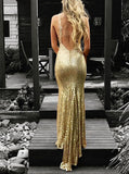 Backless V-Neck Mermaid Gold Sequin Long Evening Dress