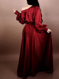 A-Line Off-the-Shoulder Burgundy Long Sleeves Evening Dress