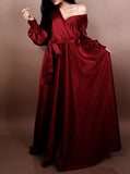A-Line Off-the-Shoulder Burgundy Long Sleeves Evening Dress