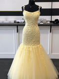 Daffodil Criss-Cross Back Appliques Mermaid Long Evening Dress