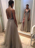Deep V-neck Beading Sleeveless Silver Long Evening Dress with Split