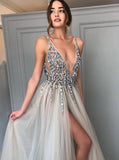 Deep V-neck Beading Sleeveless Silver Long Evening Dress with Split