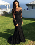 Elegant Long Sleeves Black Mermaid Appliques Beading  Evening Dress