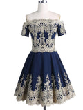 A-Line Off-the-Shoulder Short Navy Blue Homecoming Dress with Appliques