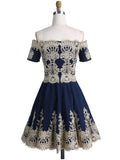 A-Line Off-the-Shoulder Short Navy Blue Homecoming Dress with Appliques