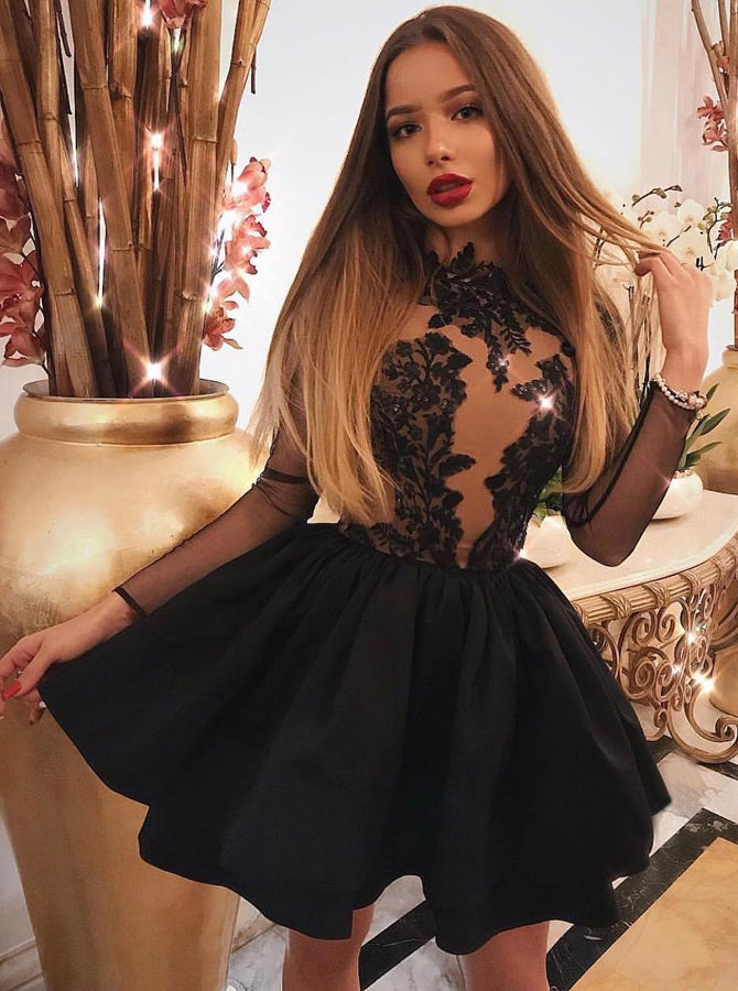 A-Line Jewel Long Sleeves Short Black Homecoming Dress with Appliques Agustaprom A-Line Jewel Long Sleeves Short Black Homecoming Dress with Appliques Agustaprom