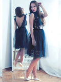 A-Line Bateau Backless Knee-Length Dark Navy Appliques Homecoming Dress
