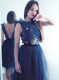 A-Line Bateau Backless Knee-Length Dark Navy Appliques Homecoming Dress