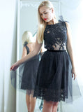 A-Line Bateau Backless Knee-Length Dark Navy Appliques Homecoming Dress