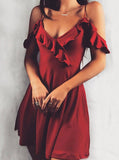 A-Line Cold Shoulder Dark Red Short Homecoming Dress with Ruffles