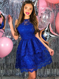 Short A-Line Crew Above-Knee Royal Blue Lace Homecoming Dress